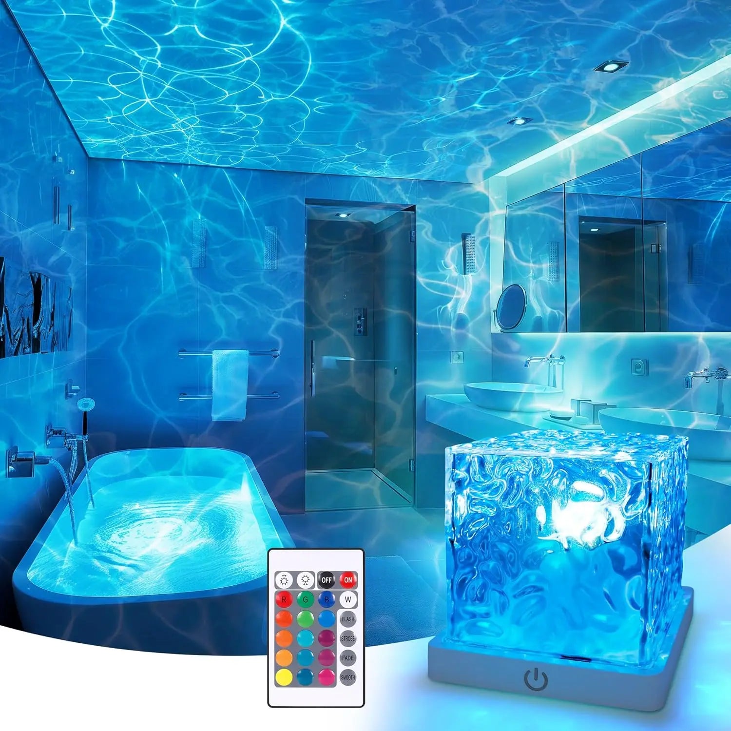 Rechargeable Shower Light No Wiring, 16 Color Changeable Ocean Wave Projector Light, Dimmable Waterproof Shower Lamp with Remote, Rotating Flame Water Ripple Lamp for Shower, Bathroom, Bedroom Decor,Sohochic