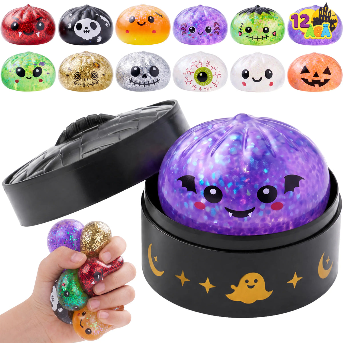 Halloween Dumpling Stress Relief Toys, 1Pcs/3Pcs/6Pcs/8Pcs/12Pcs with Steamer Storage Boxes,Slow‑Rebound Maltose Squishy Toys, Ideal for Halloween Party Gifts, Featuring Grimace Pumpkin and Little Devil Designs，12Pcs Mini Dumpling(5Cm）